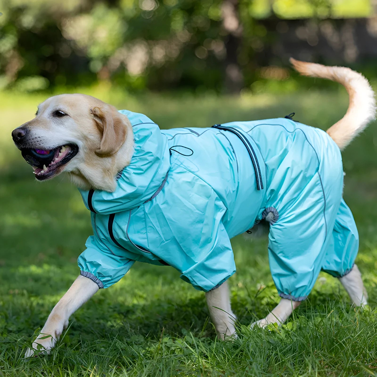 Dog wearing black cotton-padded polyester shell jacket with sports style design for winter warmth