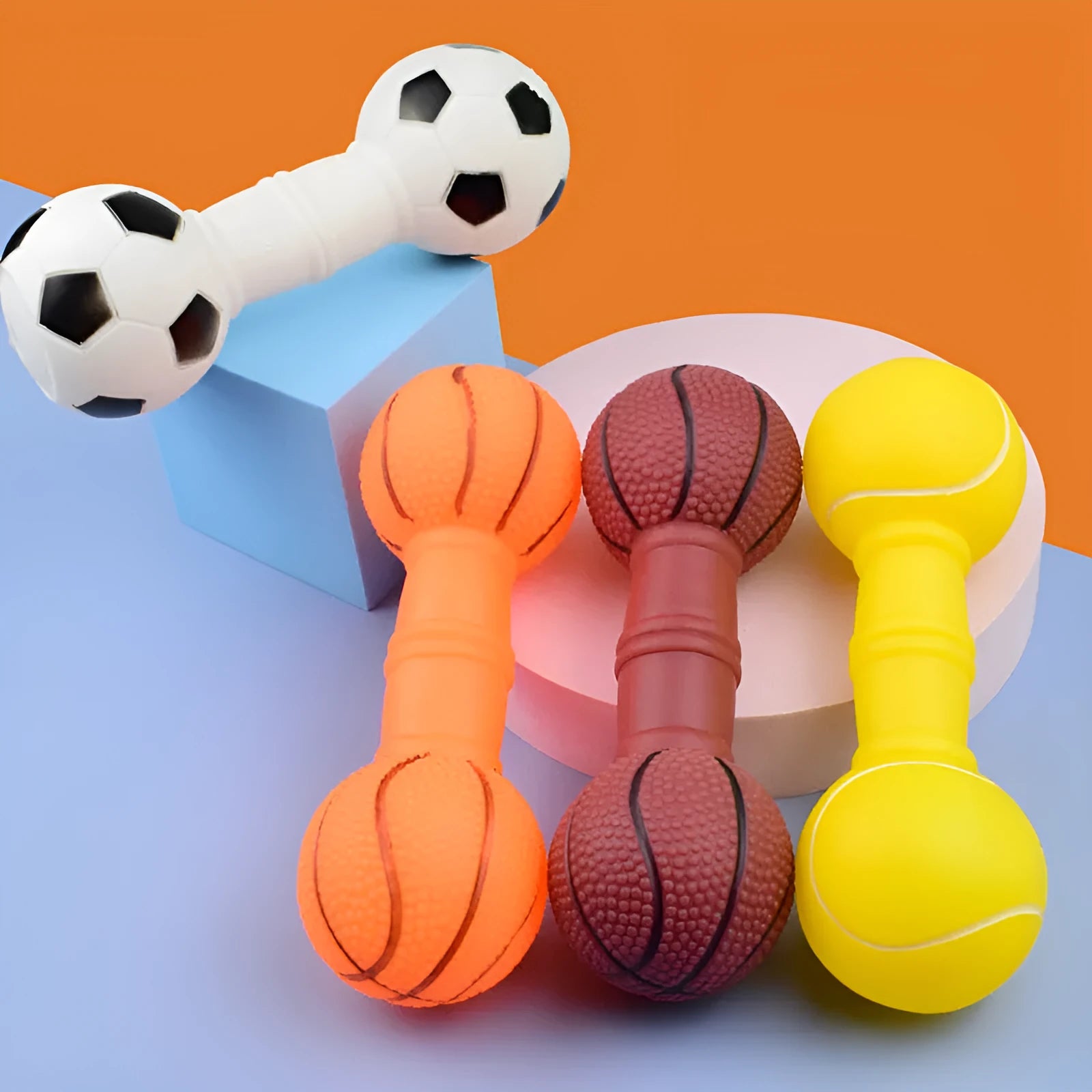 Brown, orange, white, and yellow coloured PVC football dumbbell shaped dog squeaky chew toy.