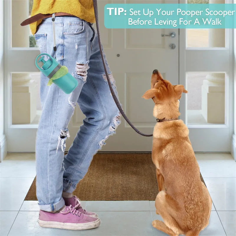 Blue portable dog pooper scooper with built-in bag dispenser and eight-claw shovel