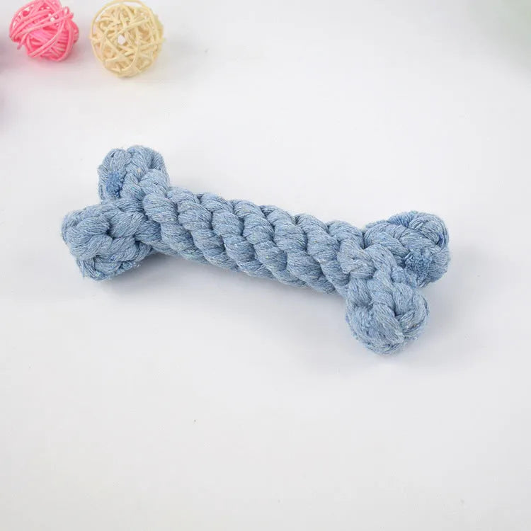Cotton rope knot dog bone toy approximately 15cm long in blue colour on white background