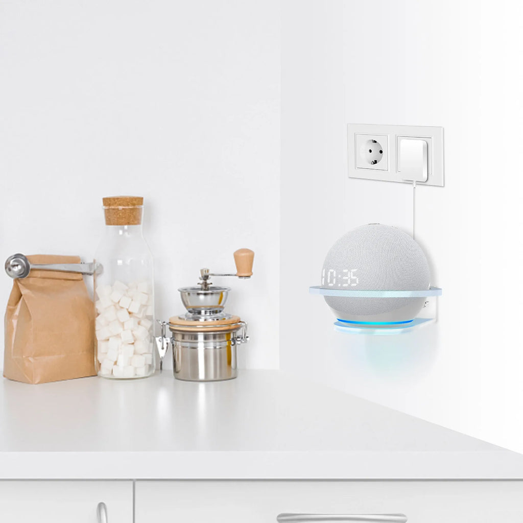 White plastic wall mounting bracket for Amazon Echo DOT 4 generation speaker.
