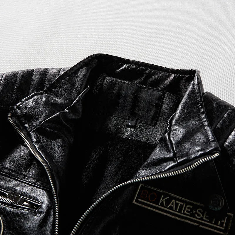 Men's PU leather jacket with cotton lining, black colour, size L to 3XL, front view