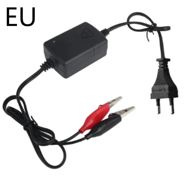 Compact 12V black battery charger for car truck motorcycle with 1250mA output on white background