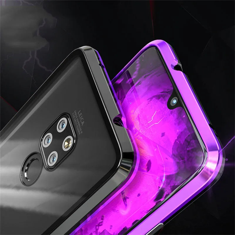 Magnetic metal phone case for Huawei smartphones with tempered glass back in black, blue, red or white