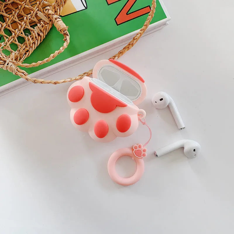 Cute cartoon cat paw shaped soft rubber case for AirPods with metal key ring in black colour