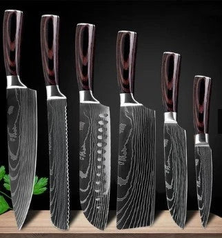 Premium Damascus kitchen knife set with elegant storage box, featuring high-carbon stainless steel blades and color-treated wood handles