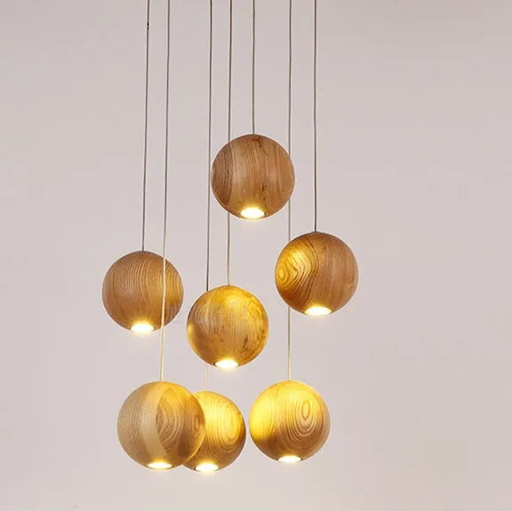Nordic style wood ball chandelier hanging pendant light with adjustable height.