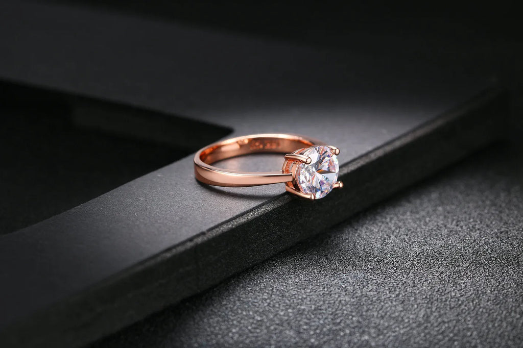 Rose gold and zircon ring with copper geometric band and gold-plated inlay for women