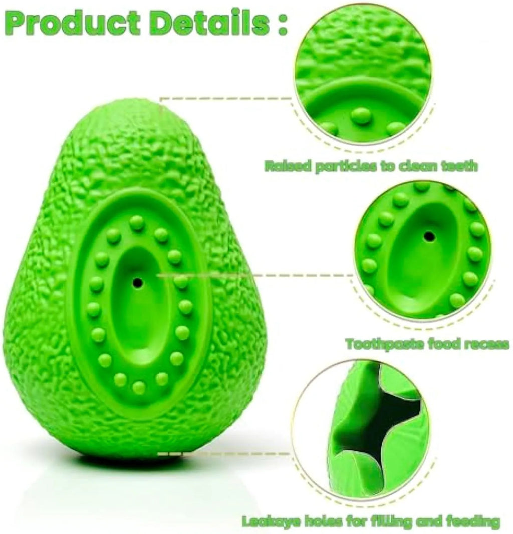 Green avocado-shaped natural rubber dog chew toy for aggressive chewers and dental cleaning.