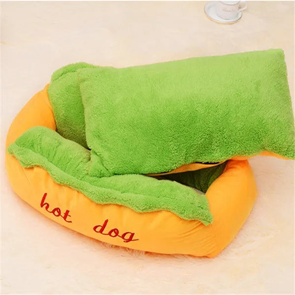 Hot dog shape pet kennel bed with PP cotton filling, short plush surface, removable washable cushion and non-slip bottom