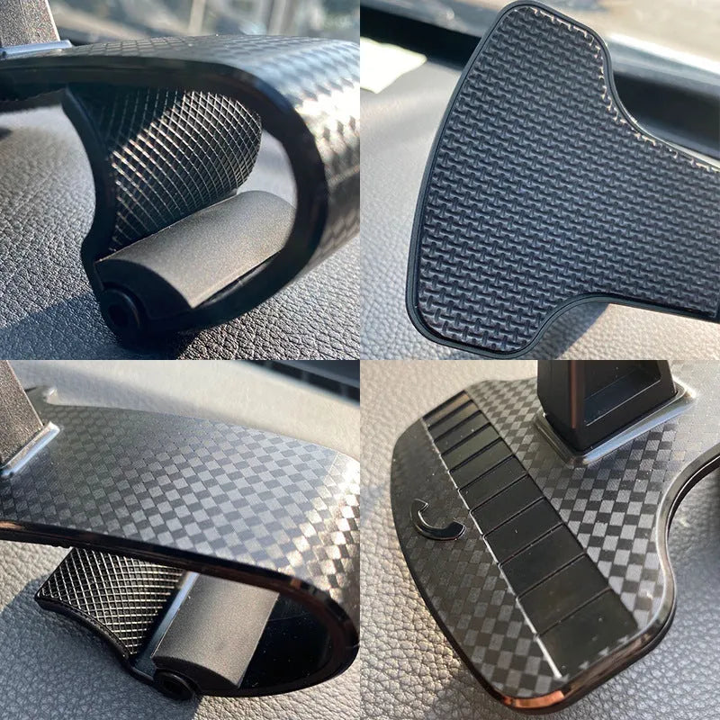 Black 360-degree adjustable universal car phone mount shown on car dashboard holding smartphone