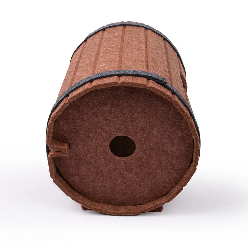 Assembled wine barrel pet bed made from three grey felt panels, forming a circular cat nest.