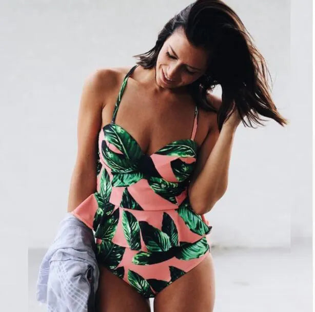 Two piece floral high waisted push up bikini swimwear for women tankini style