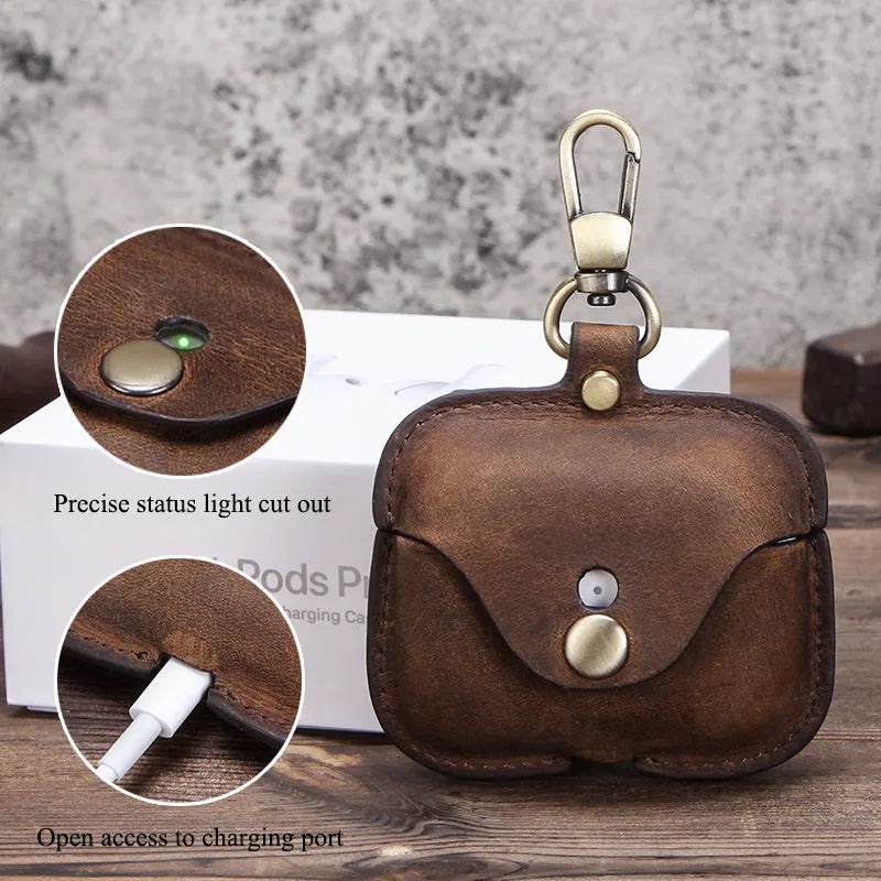Brown leather AirPods Pro clamshell cover with vintage crazy horse pattern texture