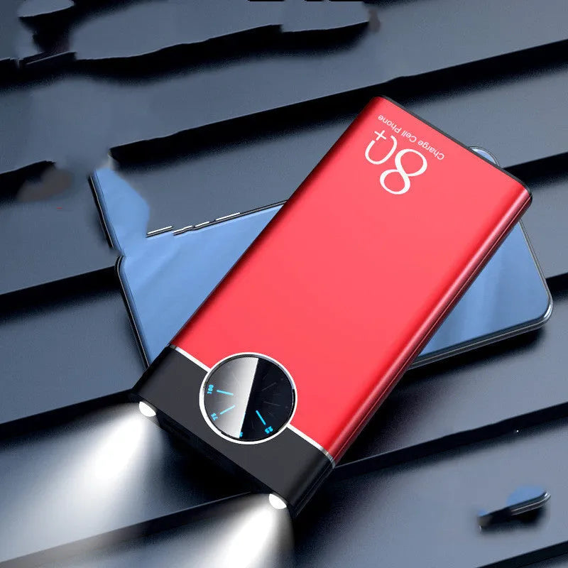 20000mAh alloy shell mobile power bank with LED flashlight in black, red, and blue colour options