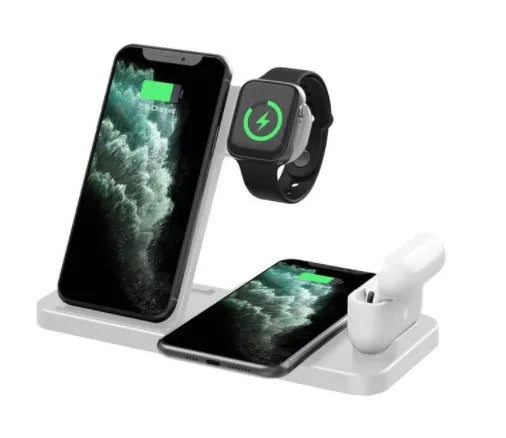 18W folding vertical 4-in-1 wireless charger in black or white, 200x145x22mm, 207g, plastic body