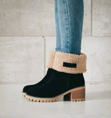 Stylish mid-calf suede snow boots with thick heels in various colors including gray, khaki, black, orange, and green