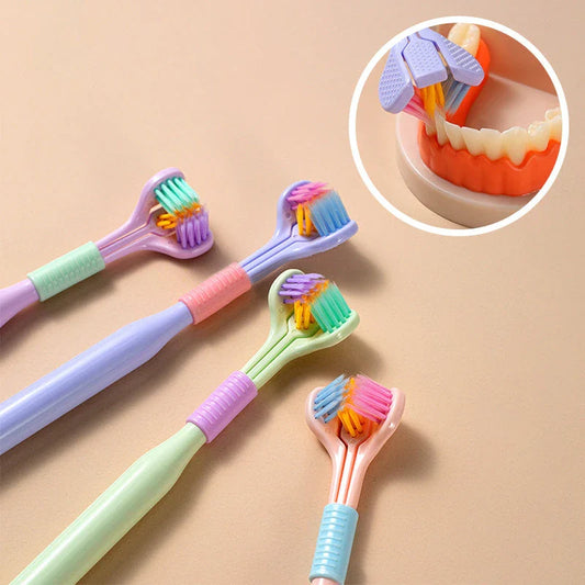 3-in-1 Soft Bristle Toothbrush with Tri-Sided Brush Head and Temperature-Responsive Bristles