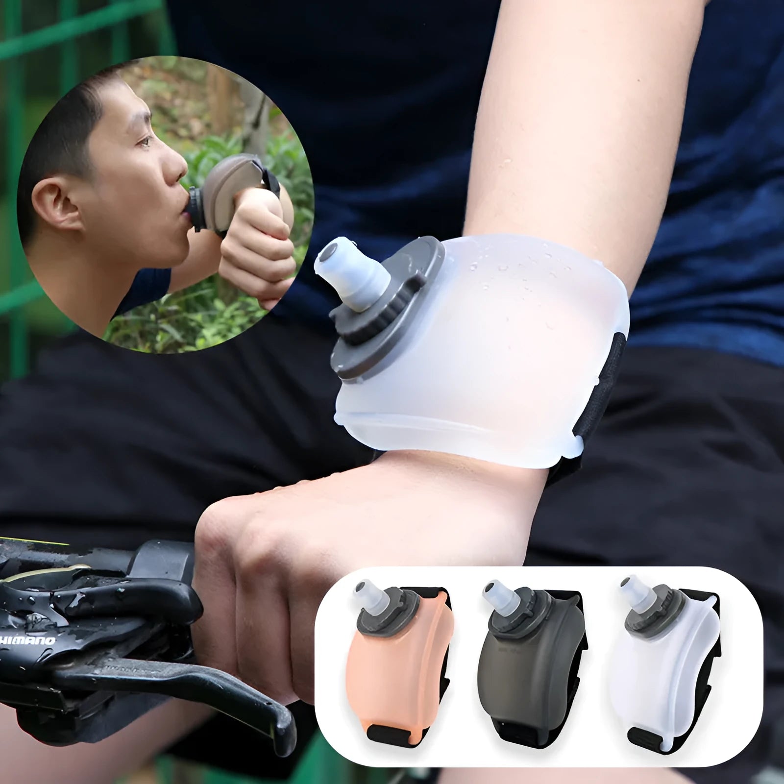 Orange wrist-mounted sports water bottle with Velcro strap for cycling and running hydration