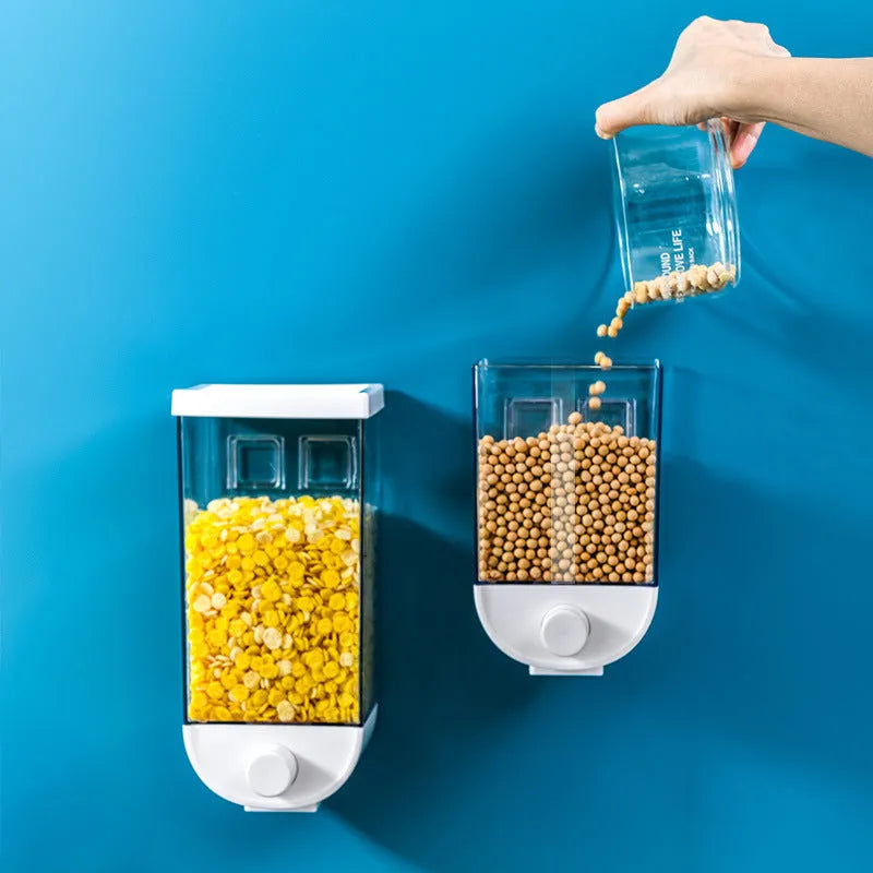 White wall mounted cereal dispenser transparent ABS plastic food storage container with easy press lid