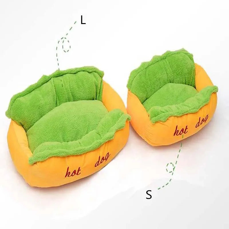 Hot dog shape pet kennel bed with PP cotton filling, short plush surface, removable washable cushion and non-slip bottom