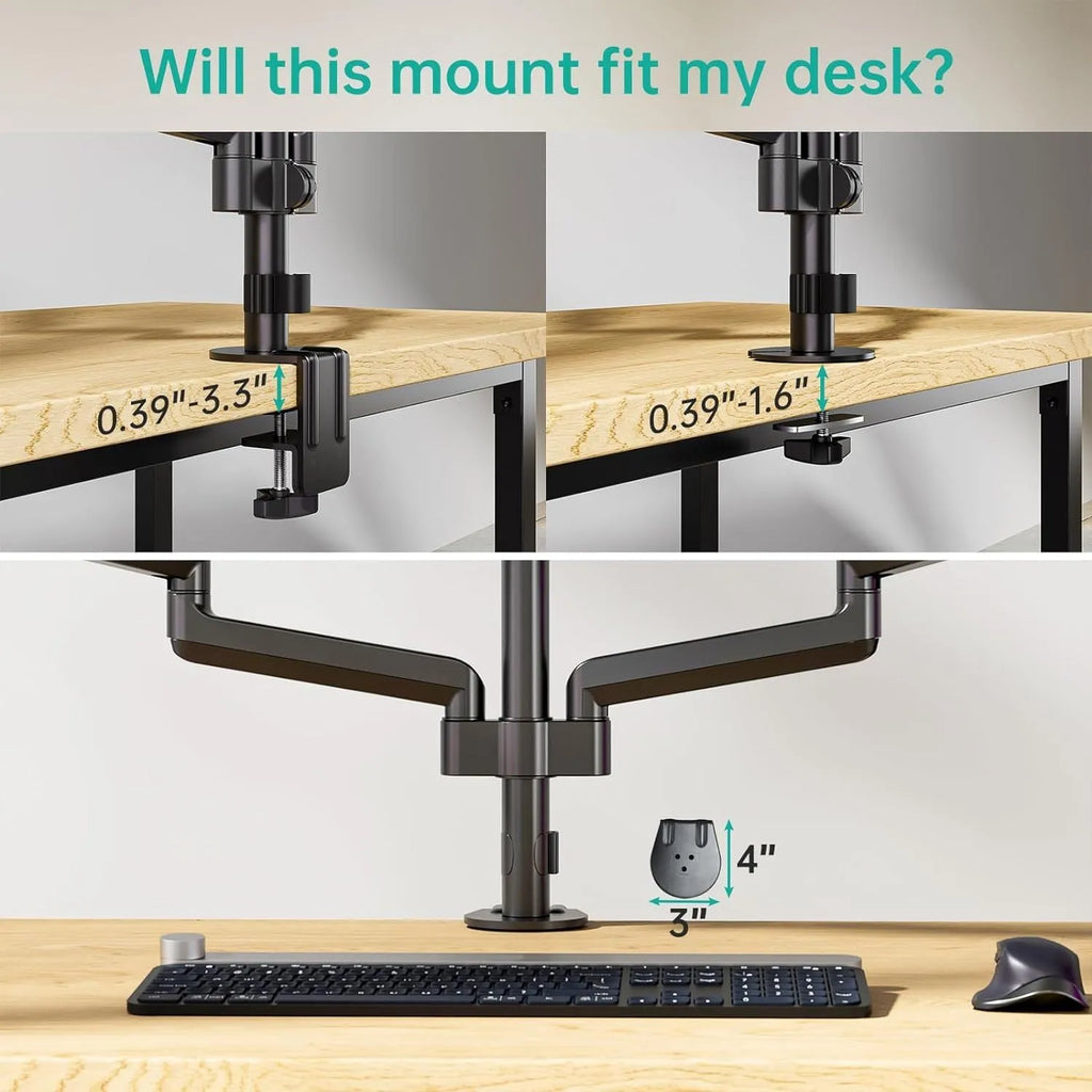 Black three-arm gas spring monitor mounting arm for computer screens up to 27 inches.