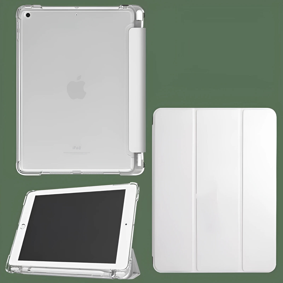 Compatible iPad protective sleeve with tri-fold transparent pen tray and imitation leather, soft shell, built-in pen slot.