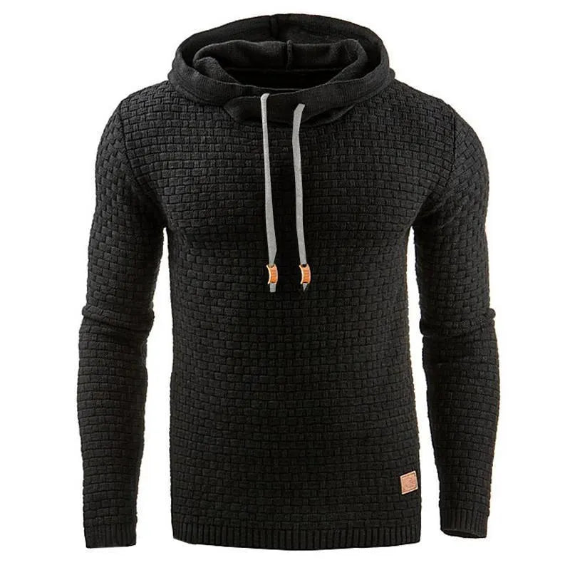 Men's cotton and polyester blend hoodie shown in available colours including black, navy blue, and red.