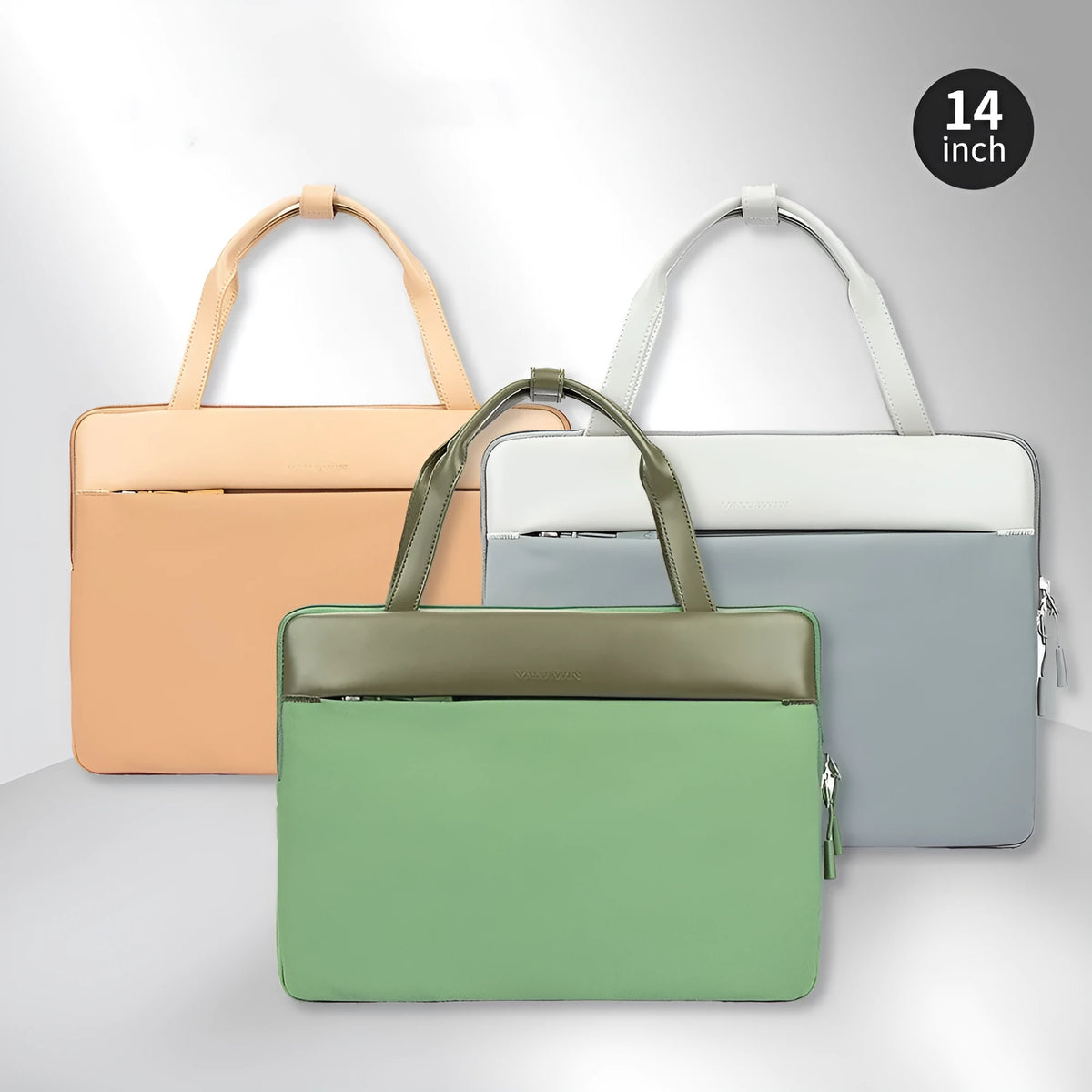 14.2 inch polyester laptop sleeve with soft handle and zipper pocket in light gray, green or orange