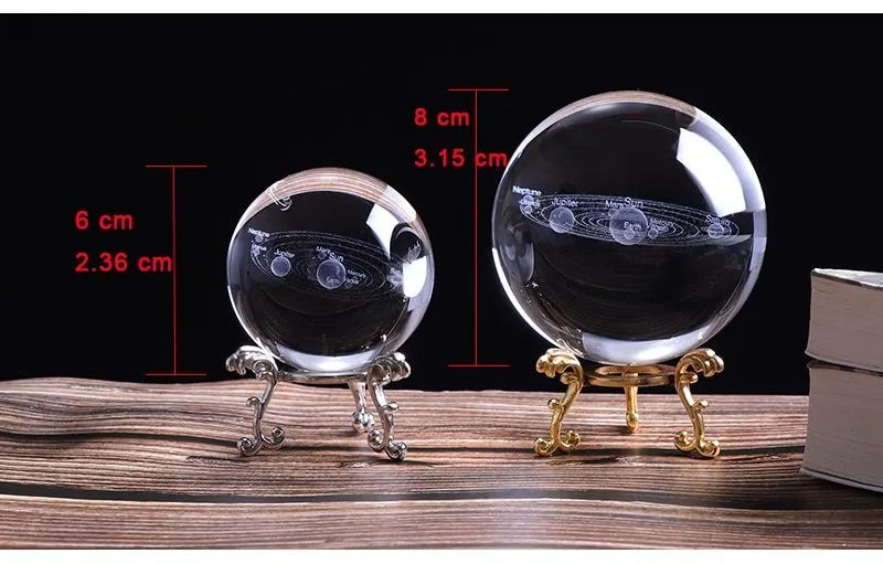 K9 crystal solar system ball with 3D engraved design, shown in 60mm, 80mm, or 100mm size with optional display base.