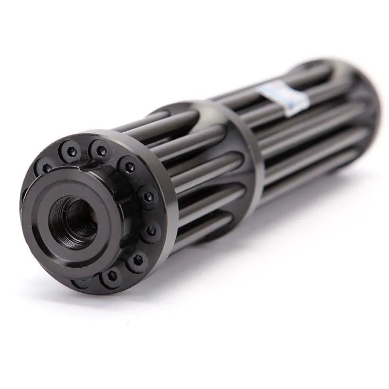 Black anodised aluminium tactical laser flashlight showing tail switch and 168mm length.