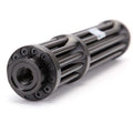Black anodised aluminium tactical laser flashlight showing tail switch and 168mm length.