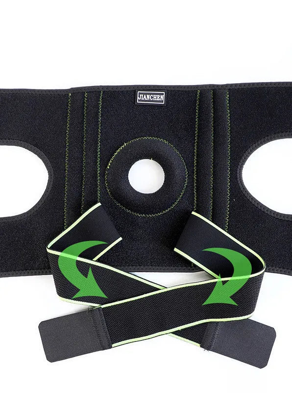 Black outdoor sports compression knee pads with metal spring, SBR pad, and magic buckle, Type A or B