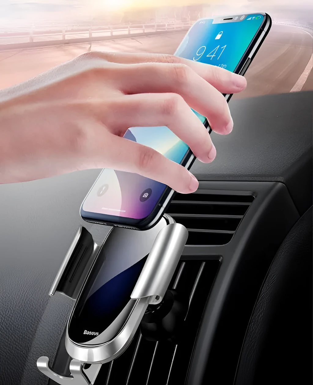 Universal car dashboard mounting bracket for smartphones in black, blue, and silvery with an adjustable arm.