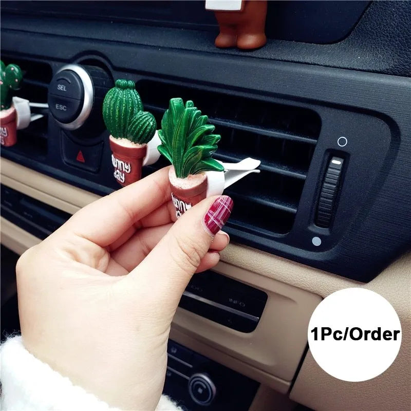 Car air freshener vent clip with cute cat cactus ornament for air conditioning outlet