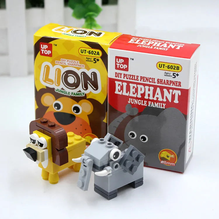 Assembled DIY building block pencil sharpener shaped like an Elephant on a wooden desk