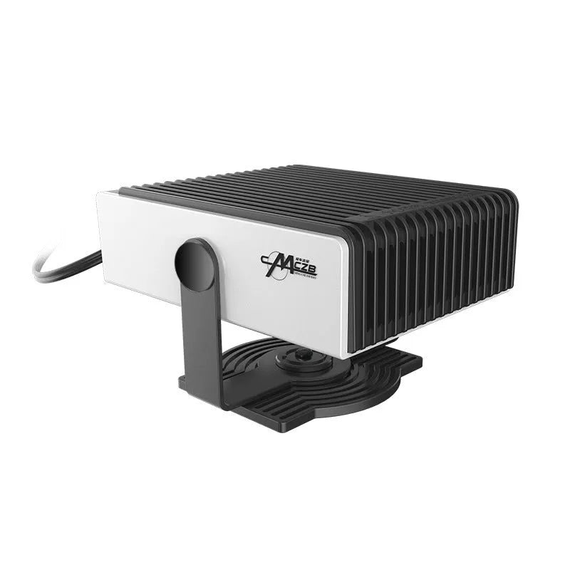 Black and white portable car heater and cooling fan, 180-degree rotation, 150W, 12V 24V, 1.5m cord.