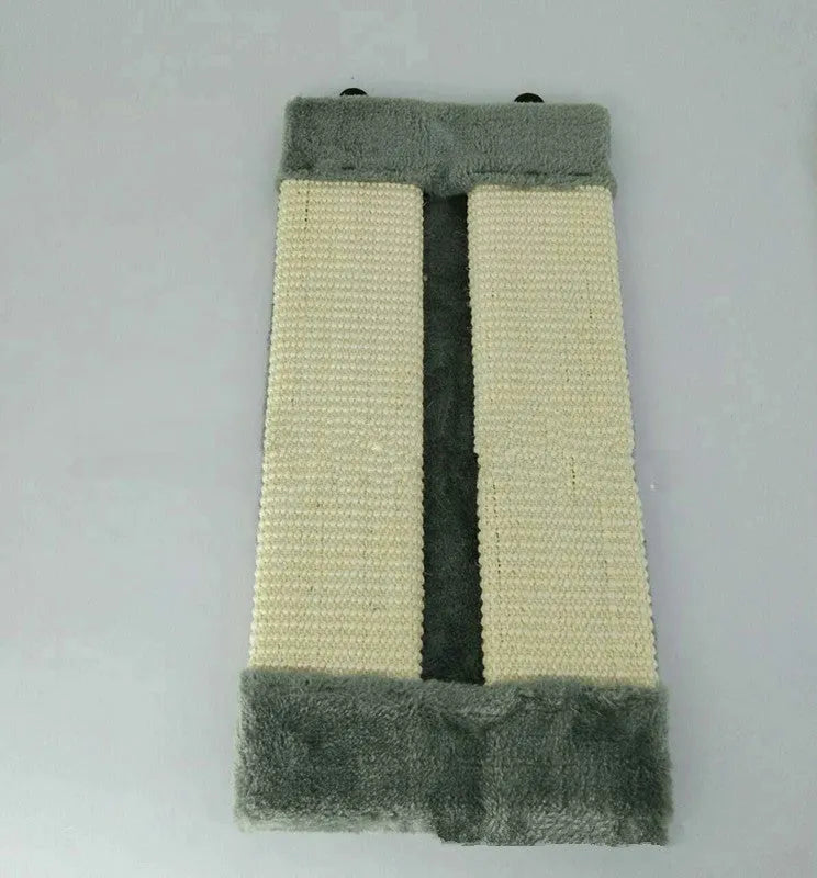 Foldable beige cat scratcher with natural sisal rope and E1 board on a wooden floor