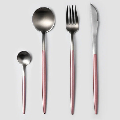 Premium stainless steel cutlery set with a mirror-polished finish, including coffee spoons, dessert spoons, main meal spoons, dessert forks, main forks, and chopsticks, presented in a stylish gift box.