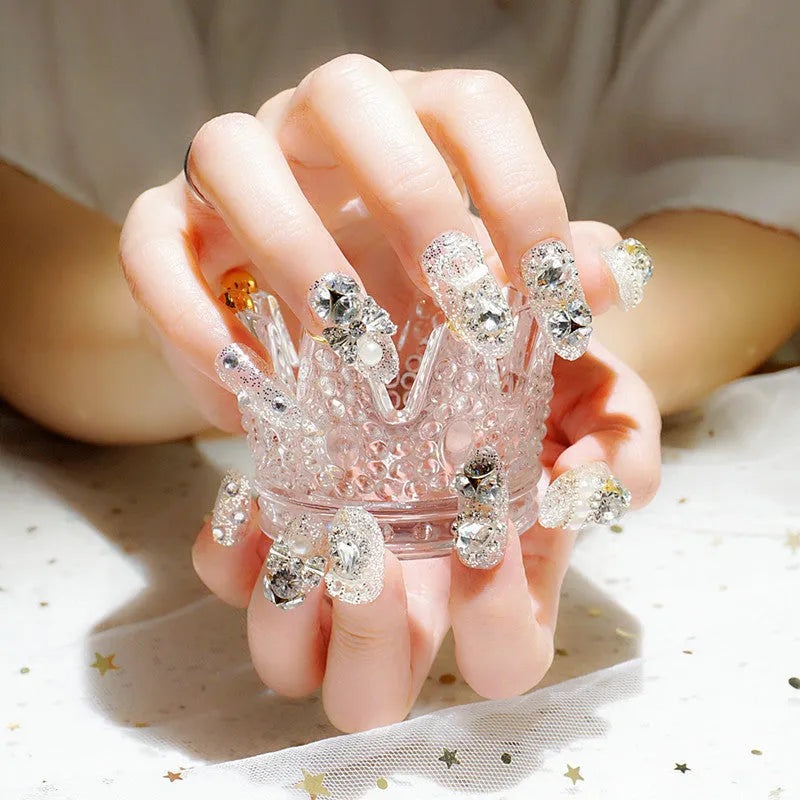 Finished fake nails set of 24 with silver water drops pattern in wearing armour style