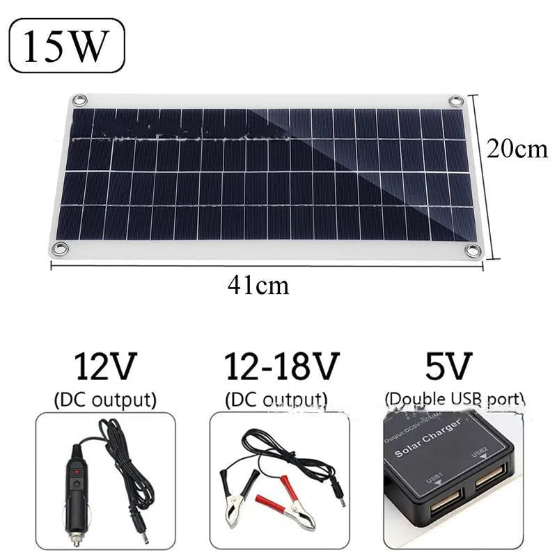 Polysilicon solar charging panel with dual USB ports for outdoor use.
