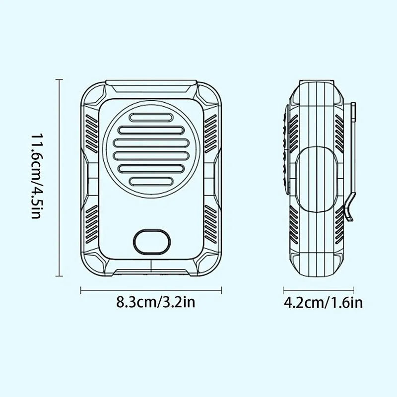 Green waist hanging fan with neck strap showing USB charging port and leafless blade design