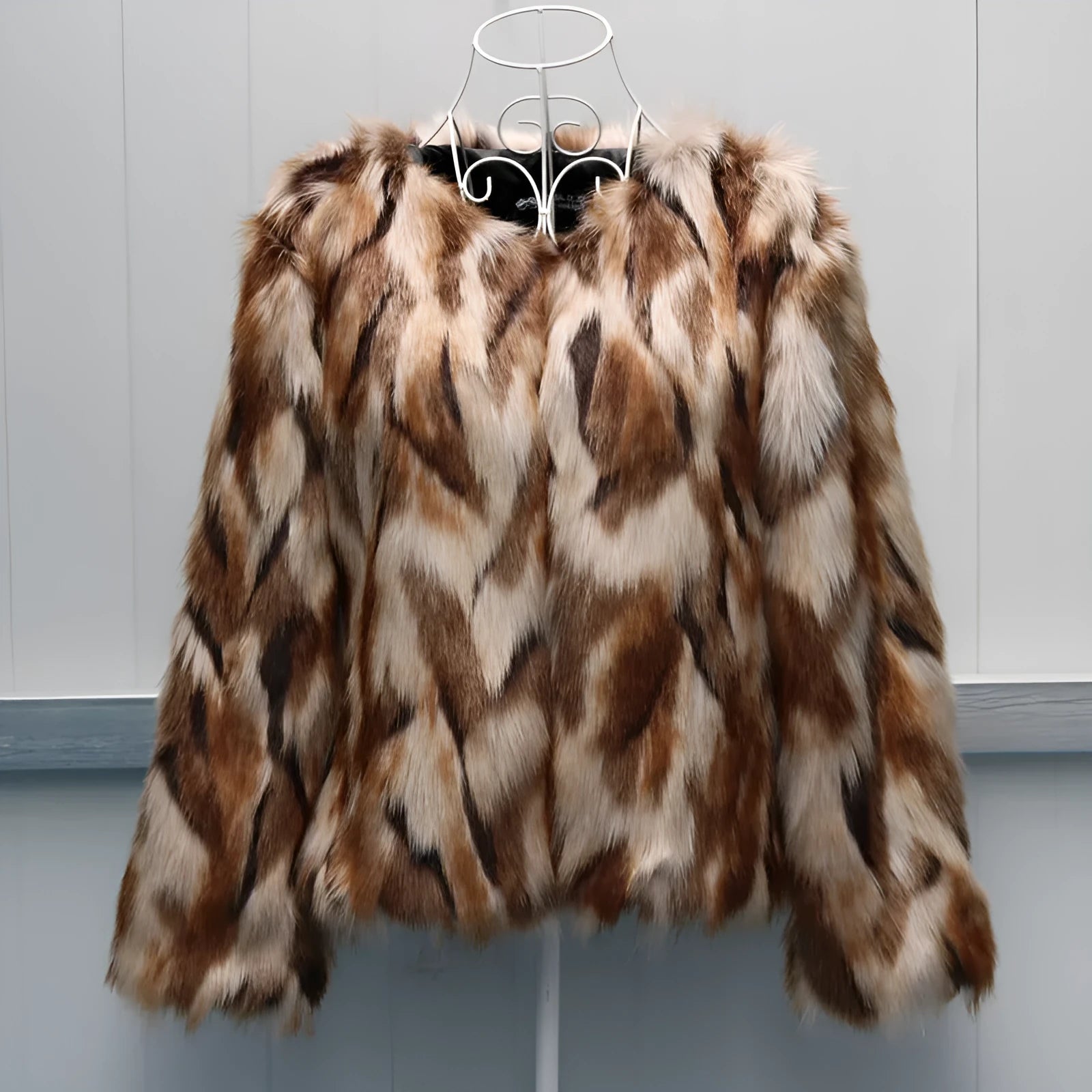 Korean slim-fit women's faux fur coat in artificial fur, shown in product colour.