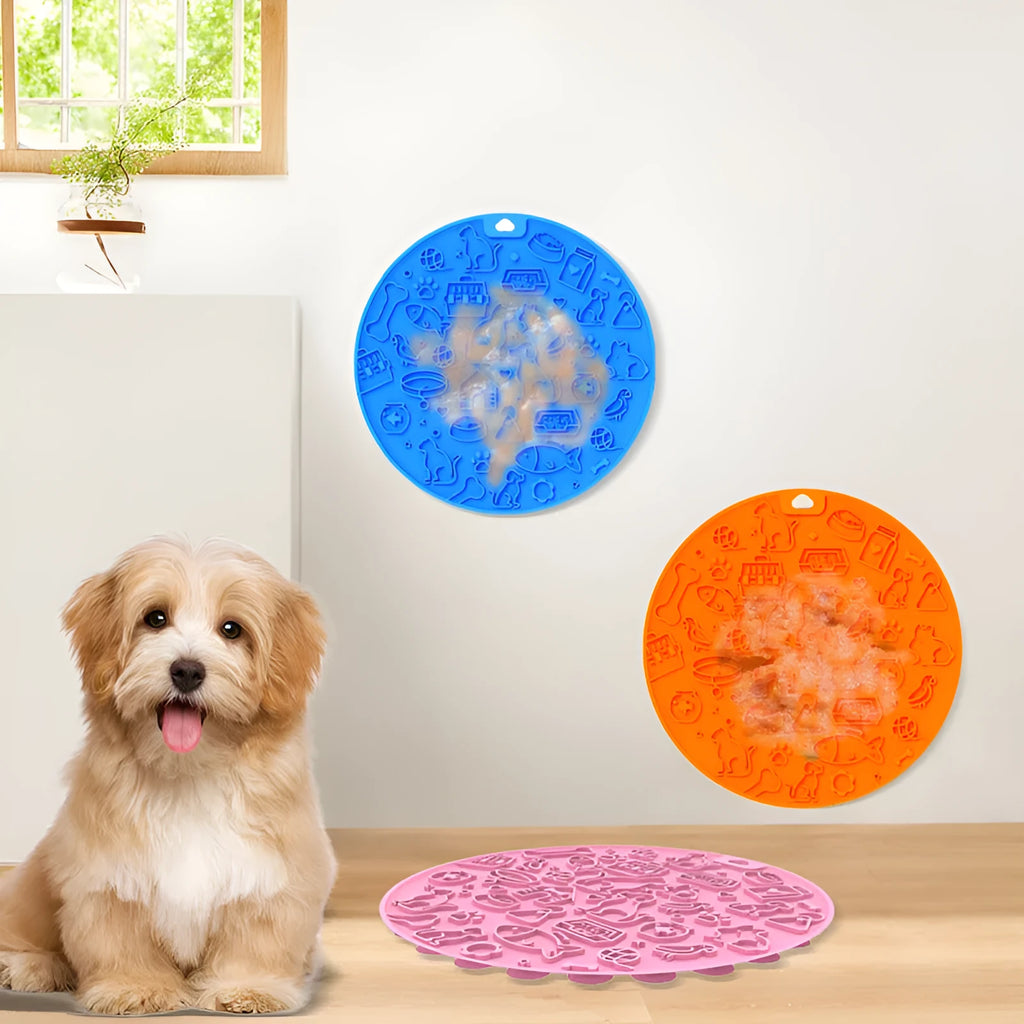 Round silicone pet licking mat with suction cup base in blue colour variant