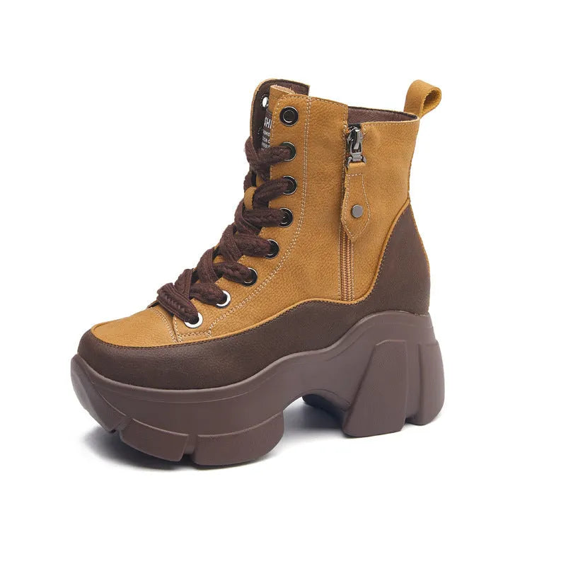 Women's retro small casual short boots in two-layer cowhide with wedge heel and elastic band, sizes 34-39