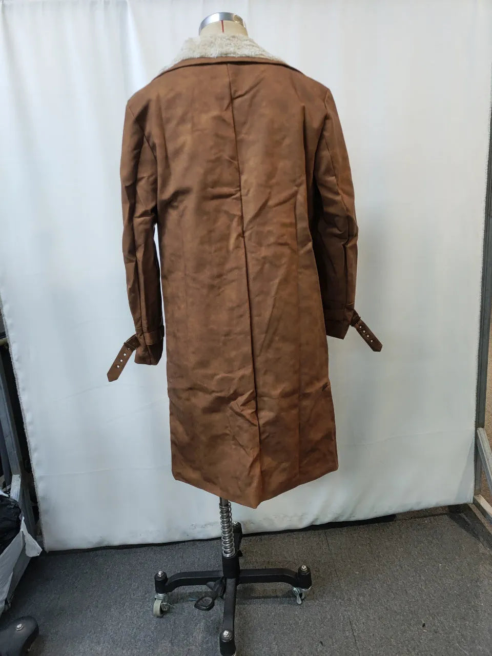 Men's retro brown suede long coat jacket with arctic fleece lining laid flat