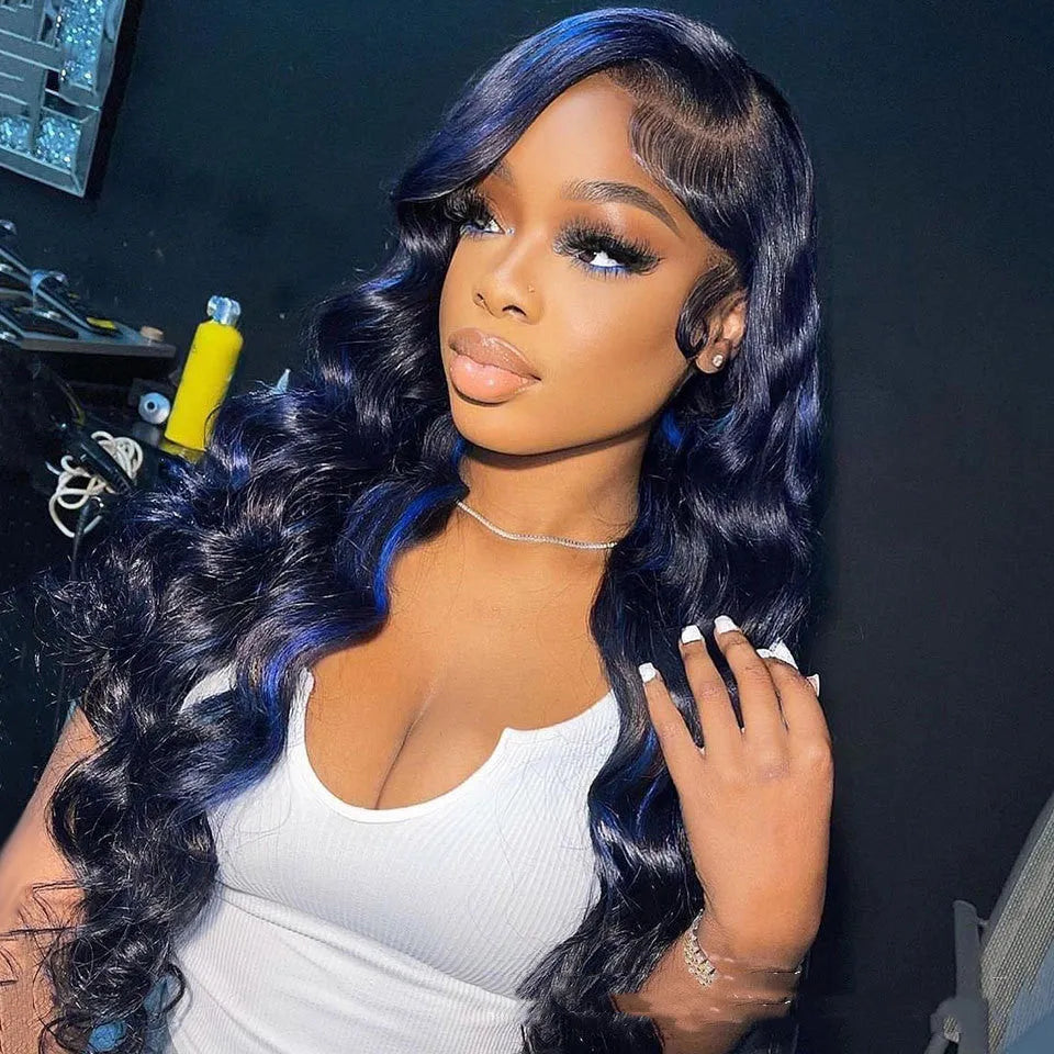 Highlight body wave human hair lace front wig with 13x4 lace, 18 inch length, and straight bangs.