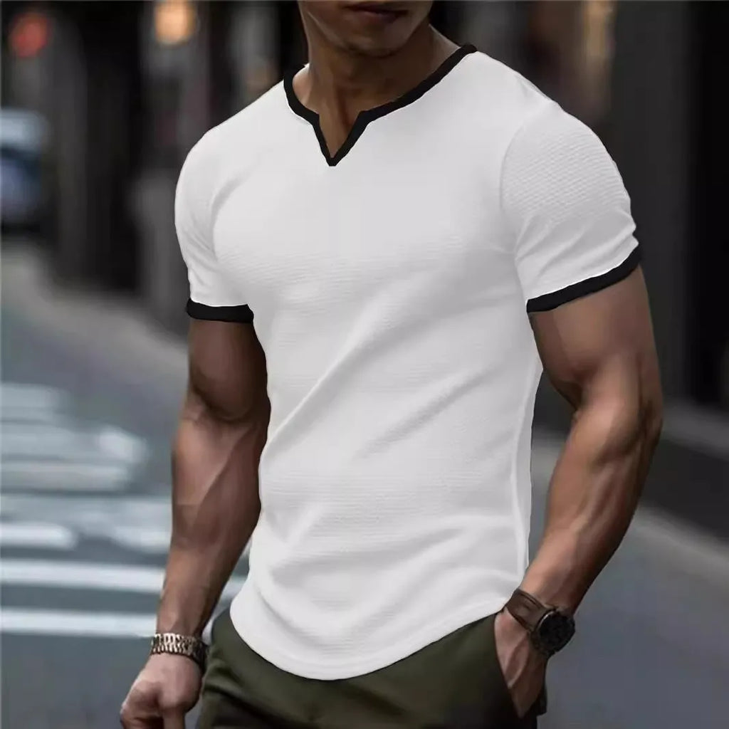 Men's colour-block V-neck outdoor sports T-shirt in waffle fabric on a hanger.