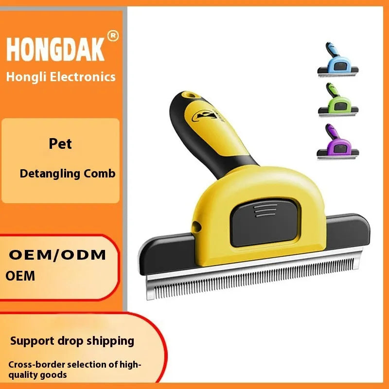 Yellow pet comb with stainless steel teeth for dog grooming and hair removal