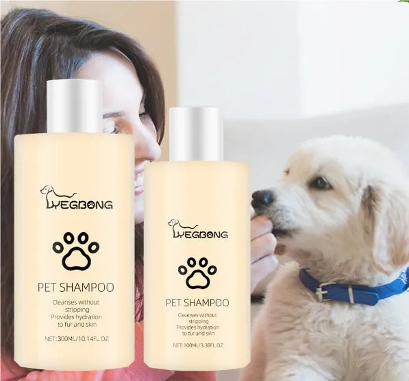 Mild dog shampoo bottle in 100ml and 300ml sizes for pet grooming and tangle reduction